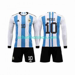 Maillot Argentine 3 Stars Lionel Messi 10 Domicile Tenue pour Enfant Coupe du Monde 2022 Manche Longue