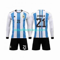 Maillot Argentine 3 Stars Paulo Dybala 21 Domicile Tenue pour Enfant Coupe du Monde 2022 Manche Longue