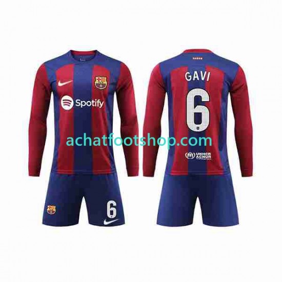Maillot FC Barcelone GAVI 6 Domicile Tenue pour Enfant 2023-2024 Manche Longue