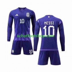 Maillot Argentine 3 Stars Lionel Messi 10 Extérieur Tenue pour Enfant Coupe du Monde 2022 Manche Longue
