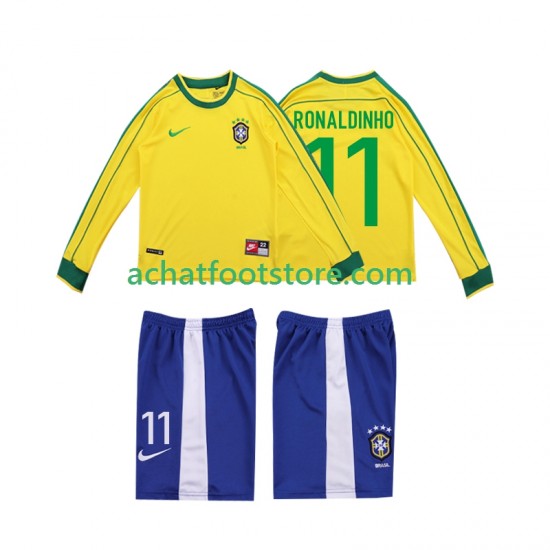 Maillot Brésil RONALDINHO 11 Rétro Domicile Tenue pour Enfant 1988 Manche Longue