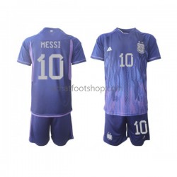 Maillot Argentine Lionel Messi 10 Extérieur Tenue pour Enfant Coupe du Monde 2022 Manche Courte